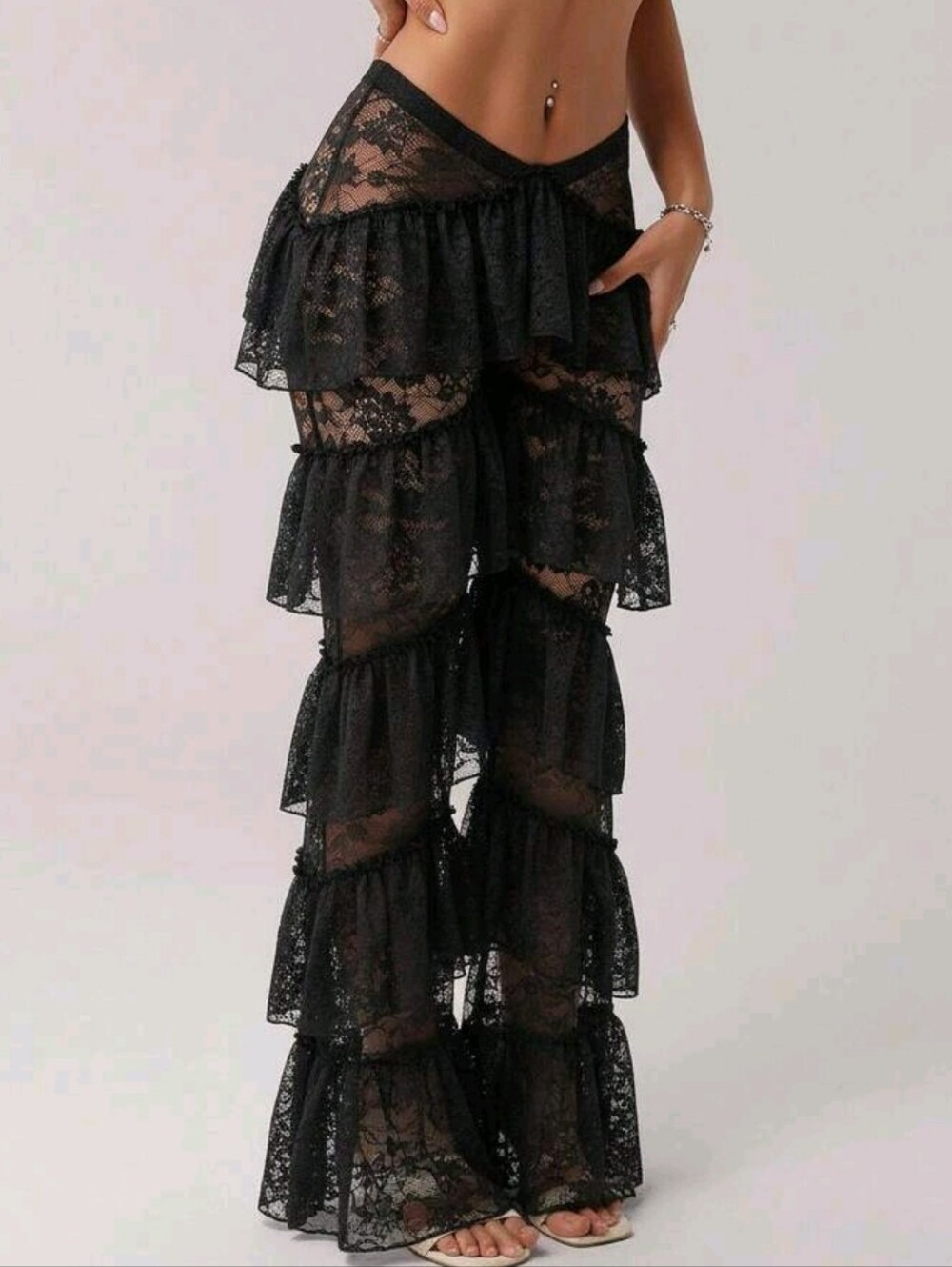 Y2k Women's V-Front Waistband Western Party Layered Ruffle Hem Lace - Picture 7 of 8